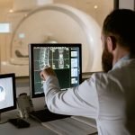 Médico analisando imagens de ressonância magnética da coluna em monitores